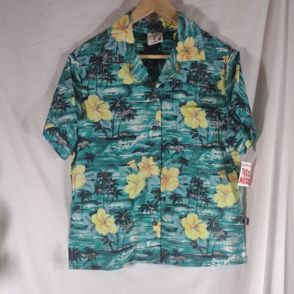 NWT Toes On The Nose Tropical Hawaiian Button Up Shirt - Teal & Yellow - Size M